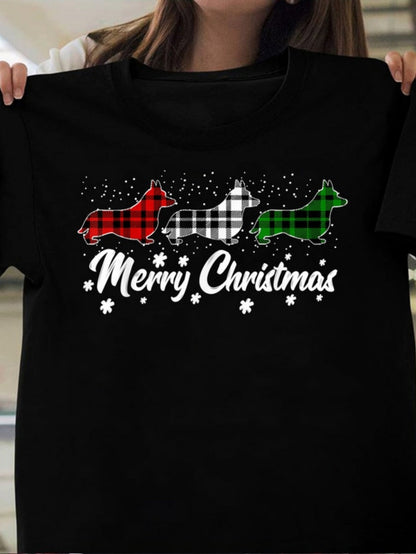 Women's Graphic T-Shirt Merry Christmas Plaid Patterned Dachshunds Amid Falling Snowflakes