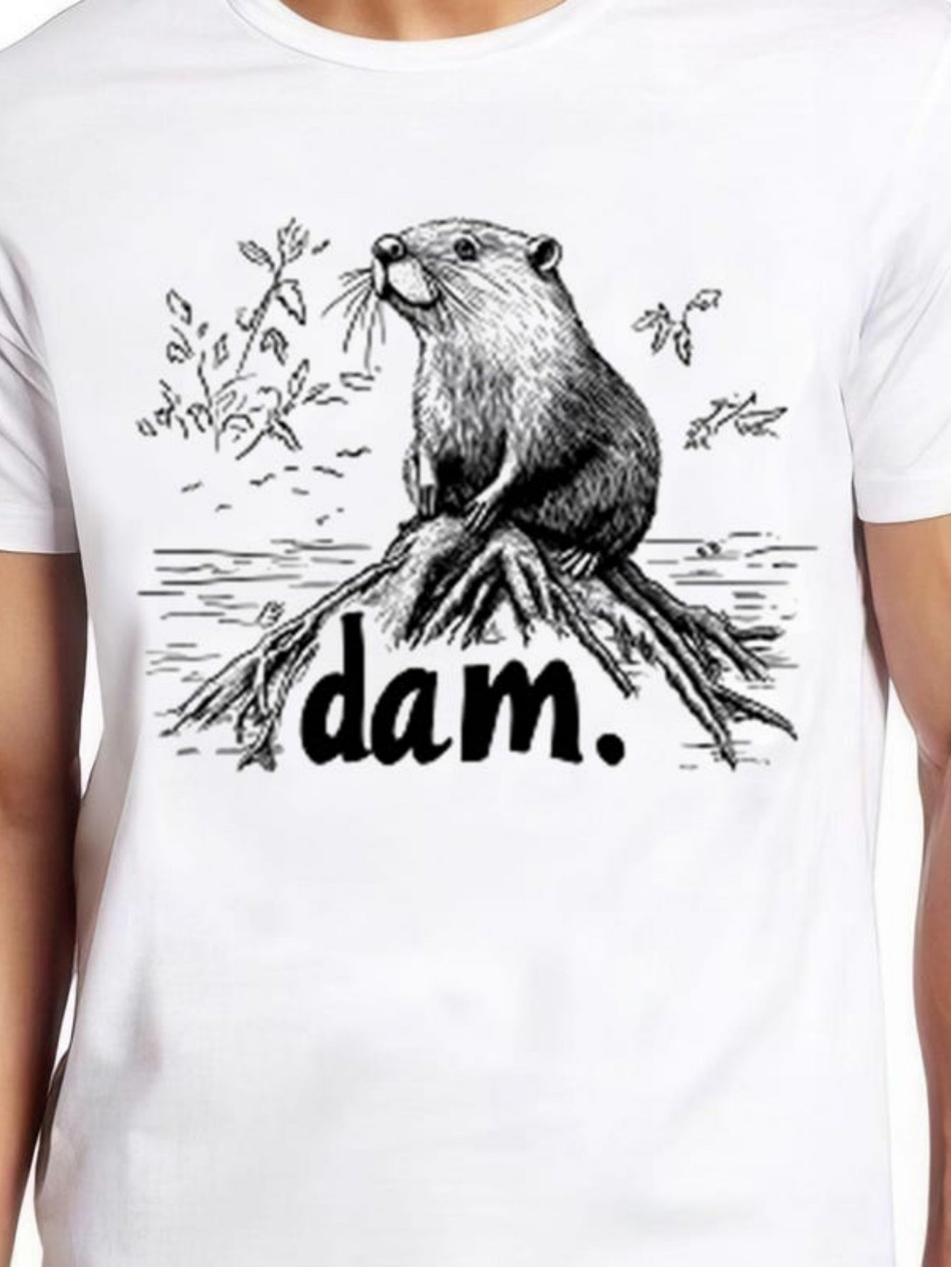 Men's Graphic T-Shirt Dam Playful Beaver Sitting On Tree Roots By Water
