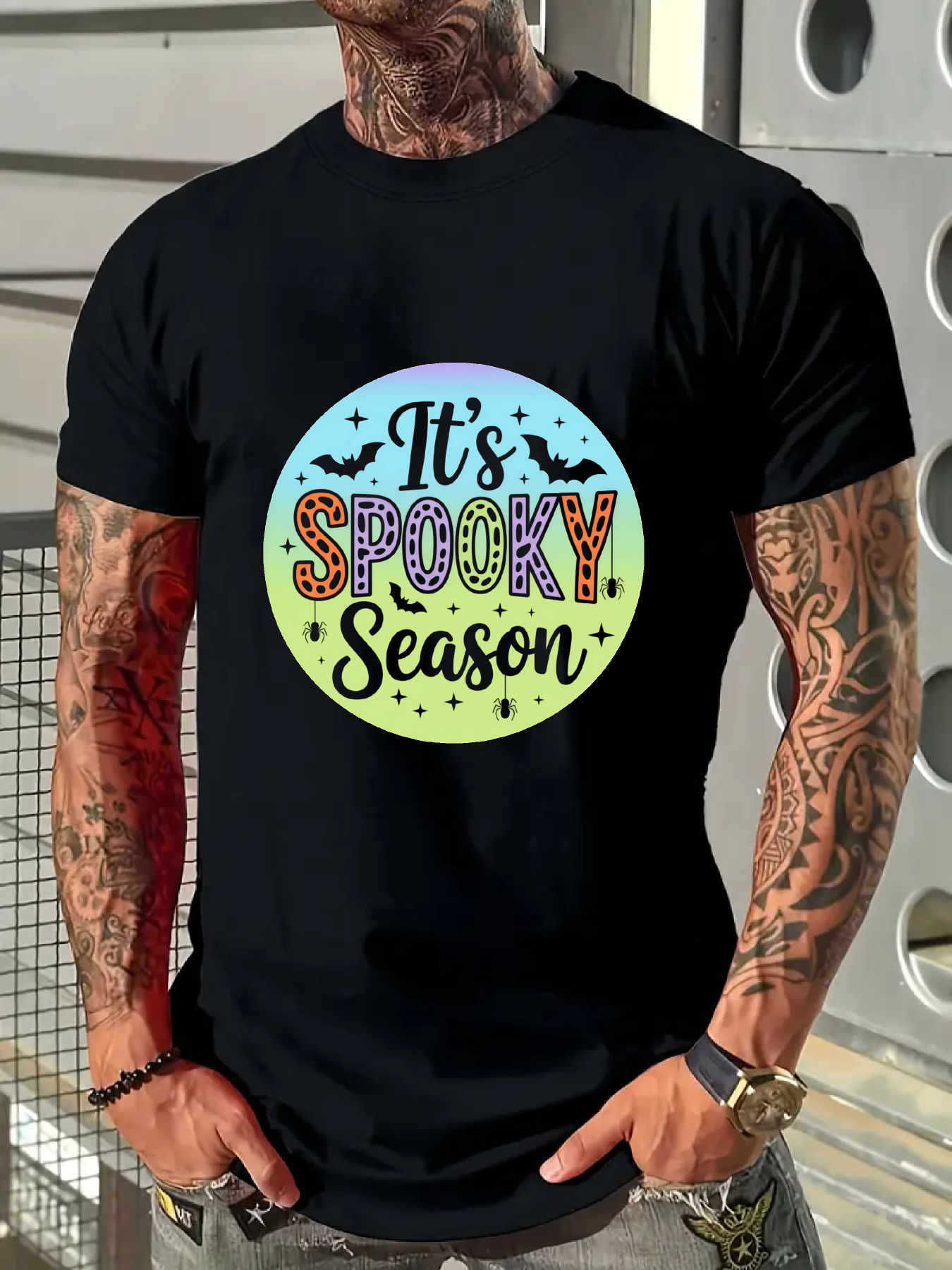 Men's Graphic T-Shirt Its Spooky Season Colorful Letters Bats And Moonlit Halloween Phrase