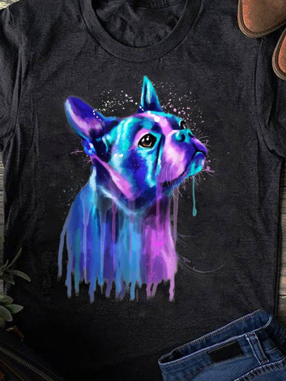 Women's Graphic T-Shirt Vivid Neon Paint Dripping Effect With French Bulldog Portrait