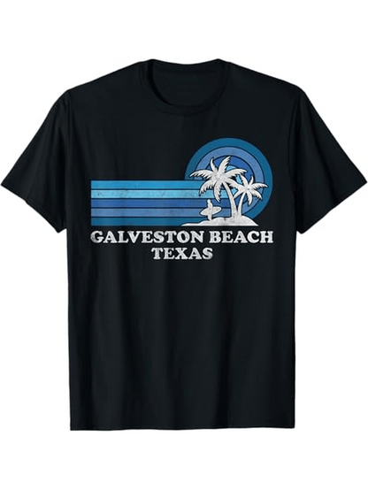 Men's Graphic T-Shirt Galveston Beach Texas Retro Blue Palms With Ocean Sunset Design