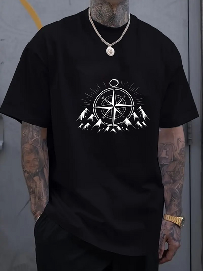 Men's Graphic T-Shirt Radiant Compass Above Snowy Majestic Mountain Peaks Under Shining Sun Compass