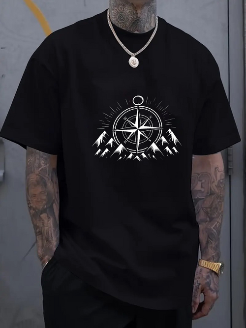 Men's Graphic T-Shirt Radiant Compass Above Snowy Majestic Mountain Peaks Under Shining Sun Compass