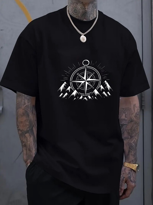 Men's Graphic T-Shirt Radiant Compass Above Snowy Majestic Mountain Peaks Under Shining Sun Compass
