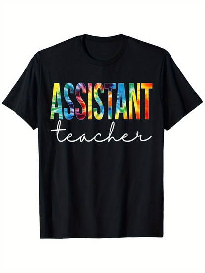Men's Graphic T-Shirt Assistant Teacher Multicolored Letters With Script Writing Over Black T Shirt