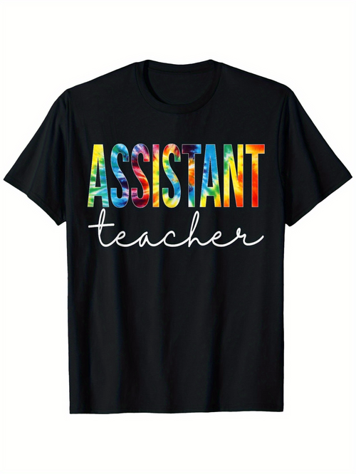 Men's Graphic T-Shirt Assistant Teacher Multicolored Letters With Script Writing Over Black T Shirt