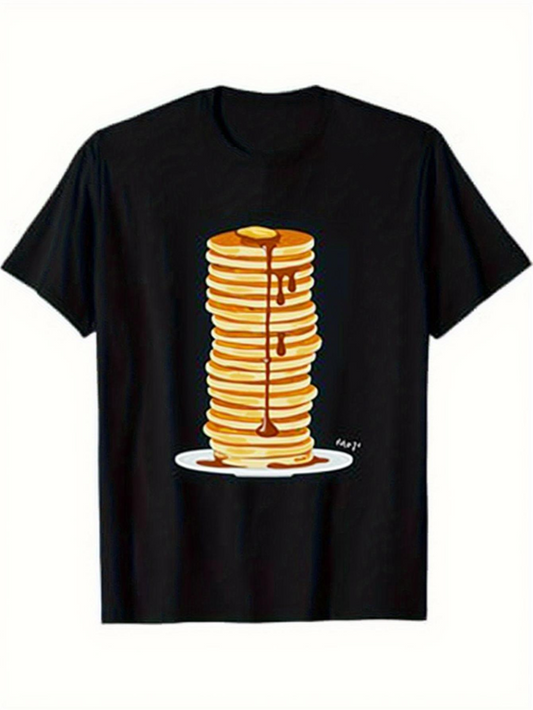 Men's Graphic T-Shirt Stacked Breakfast Pancakes With Golden Syrup On White Plate Pancake