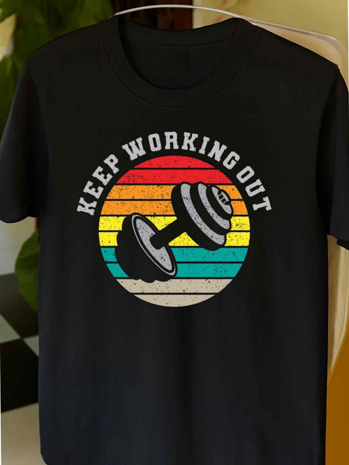 Men's Graphic T-Shirt Keep Working Out Retro Sunset With Bold Dumbbell Illustration