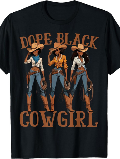 Men's Graphic T-Shirt Dope Black Cowgirl Standing In Western Outfits With Hats And Boots Lasso Among Desert Scenery Cowgirl