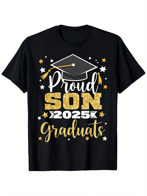 Men's Graphic T-Shirt Proud Son 2025 Graduates Golden Stars With Graduation Cap Design