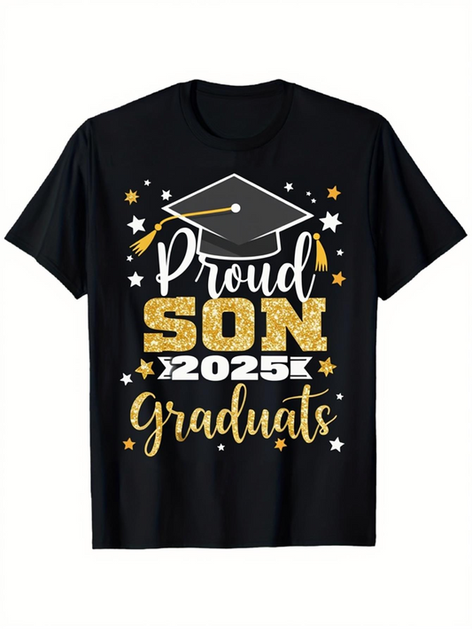 Men's Graphic T-Shirt Proud Son 2025 Graduates Golden Stars With Graduation Cap Design