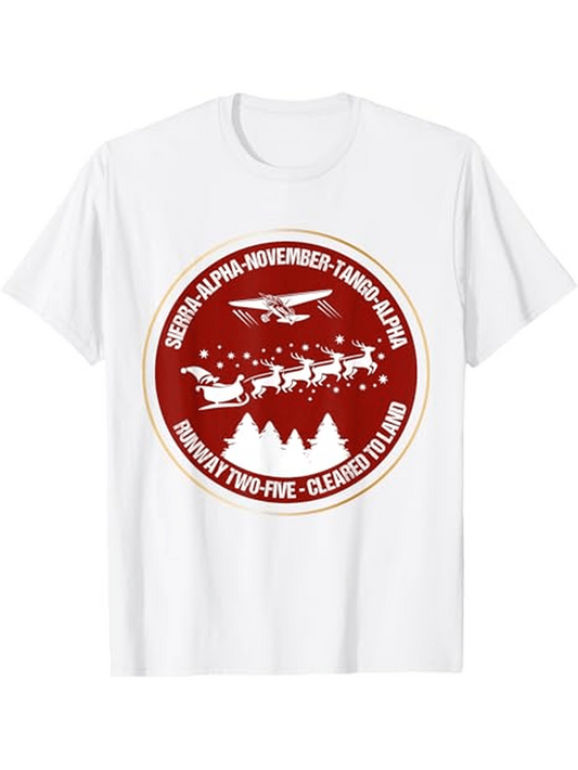 Men's Graphic T-Shirt Sierra Alpha November Tango Alpha Runway Twenty Five Cleared To Land With Santa Sleigh Over Mountains