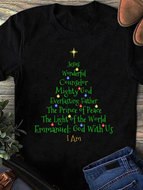 Women's Graphic T-Shirt Christmas Tree Wording With Faithful Phrases Glowing Star Evergreen Holiday Spirit