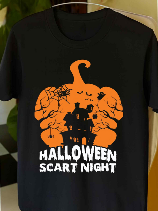 Men's Graphic T-Shirt Halloween Scart Night Haunted Pumpkin With Spider Webs And Bats House