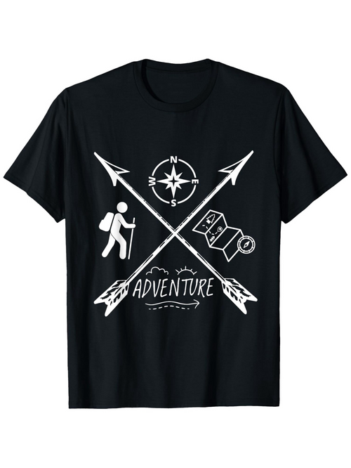 Men's Graphic T-Shirt Adventure Compass With Arrows And Hiking Backpack Trail Walker