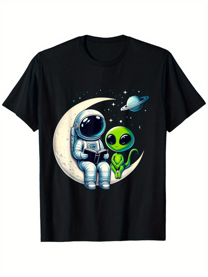 Men's Graphic T-Shirt Starlit Night With Crescent Moon Sitting Astronaut And Smiling Green Alien