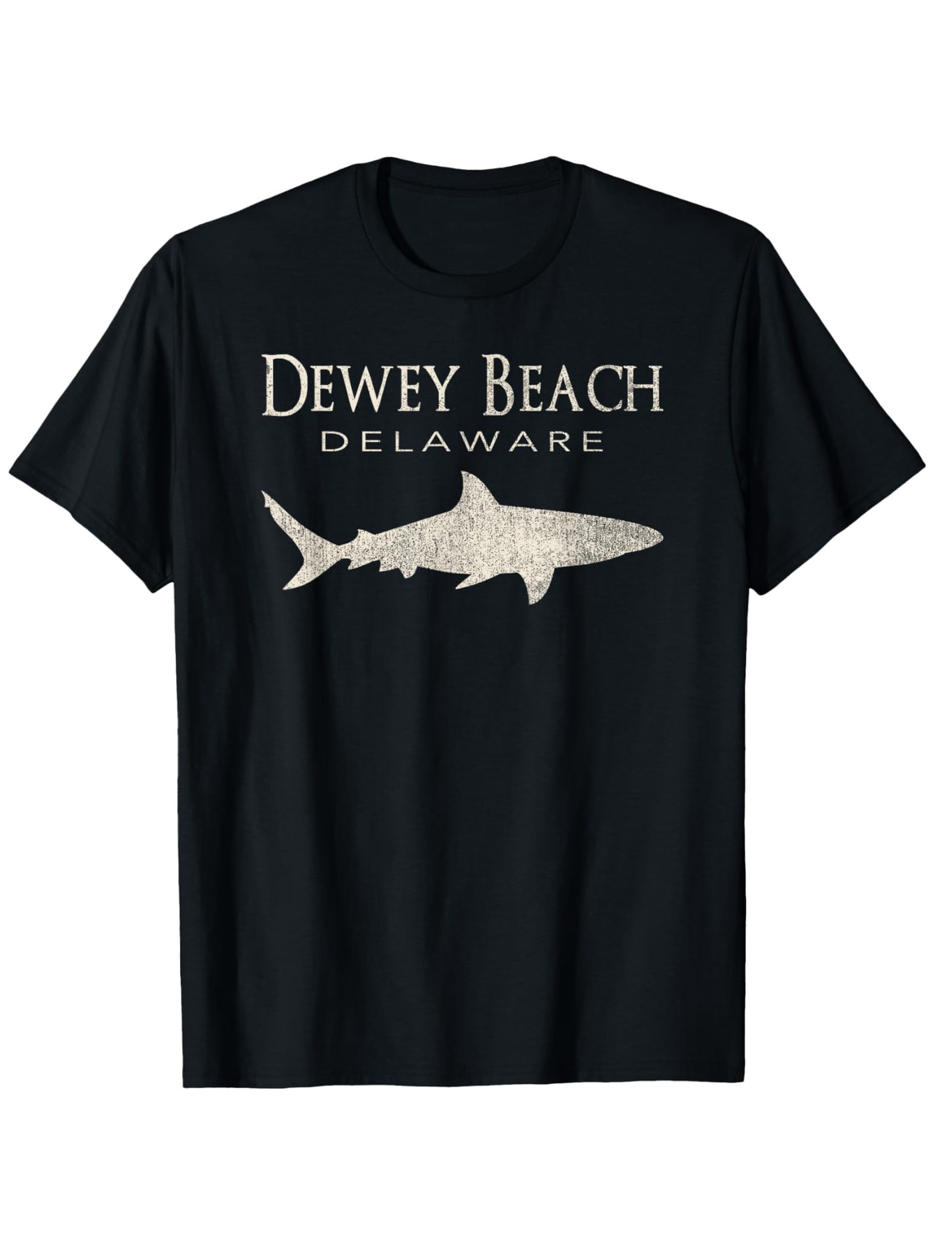 Men's Graphic T-Shirt Dewey Beach Delaware Shark Silhouette Swimming Under Calm Coastal Waters