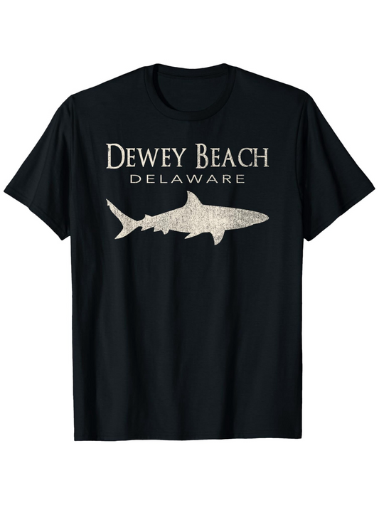 Men's Graphic T-Shirt Dewey Beach Delaware Shark Silhouette Swimming Under Calm Coastal Waters