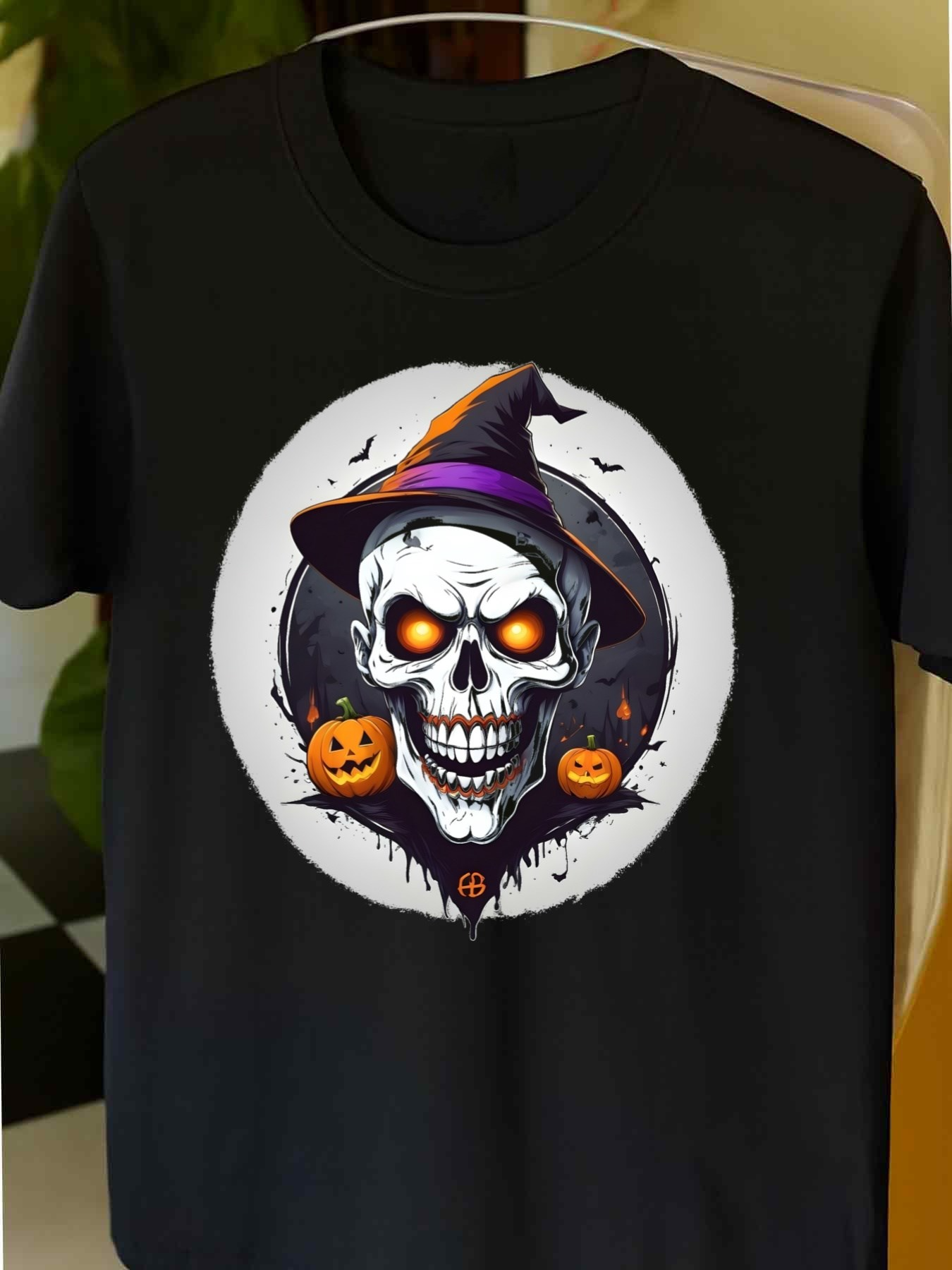 Men's Graphic T-Shirt Glowing Halloween Pumpkins With Wicked Wizard Hat Skull