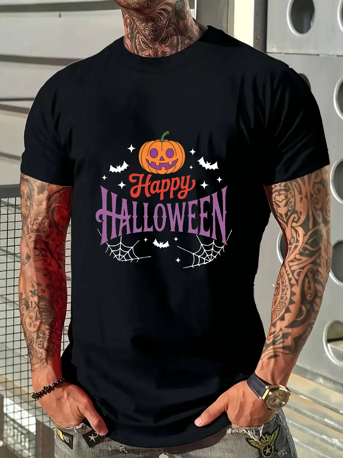 Men's Graphic T-Shirt Happy Halloween Pumpkin With Bats And Cobwebs Halloween