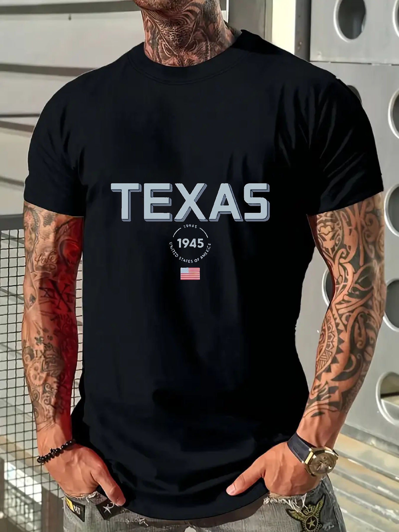 Men's Graphic T-Shirt Bold White Letters With Small Flag Under Texas Text