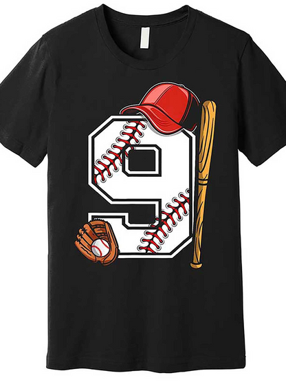 Men's Graphic T-Shirt Number Nine Baseball Bat Glove And Red Cap