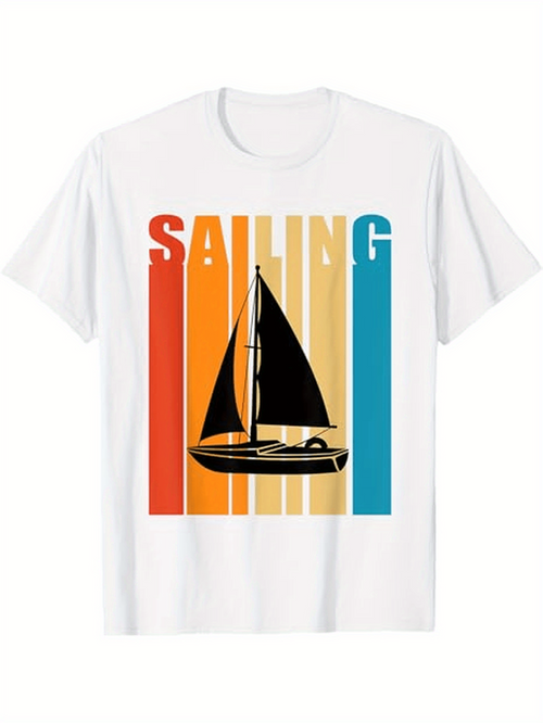 Men's Graphic T-Shirt Sailing Silhouette Boat With Retro Colorful Striped Background