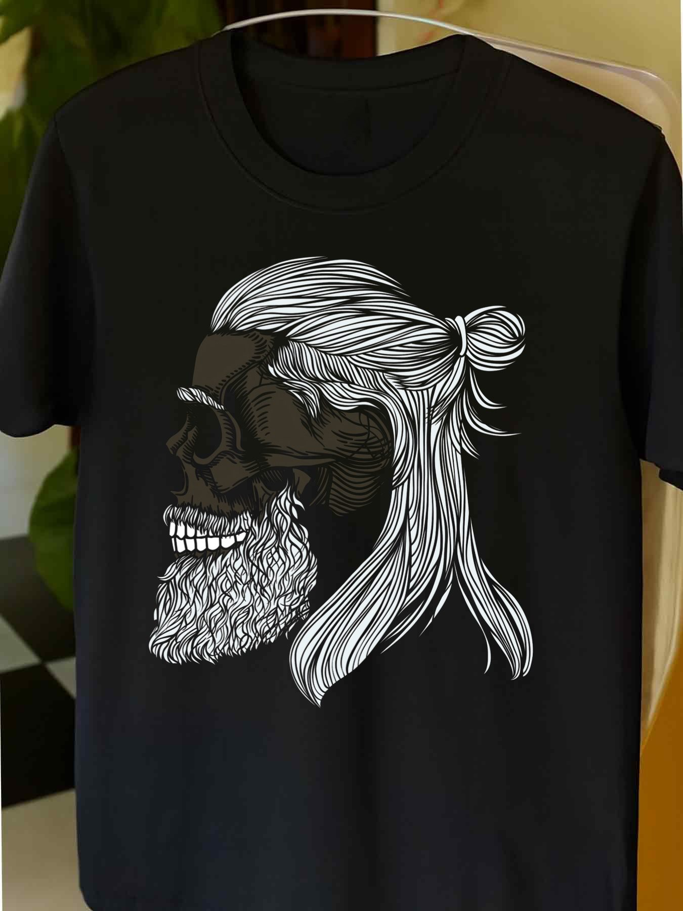 Men's Graphic T-Shirt Contrast Surreal Skull And Man With Flowing Hair
