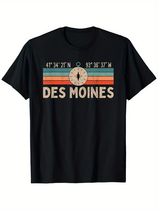 Men's Graphic T-Shirt Des Moines Retro Coordinates With Vintage Compass Graphic