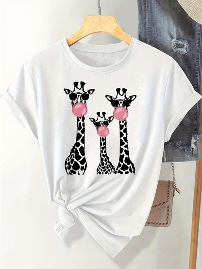 Men's Graphic T-Shirt Playful Cartoon Style Giraffes Blowing Pink Bubblegum Giraffe
