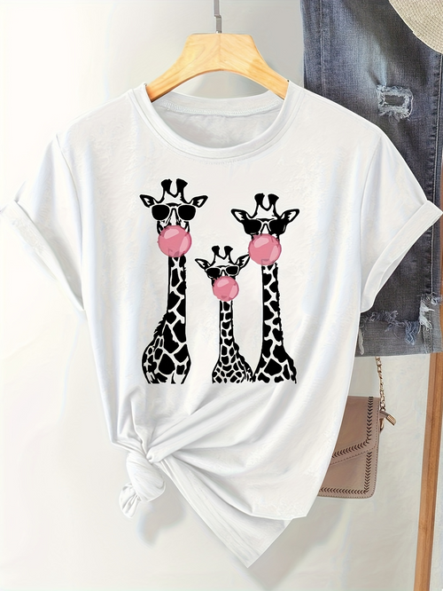 Men's Graphic T-Shirt Playful Cartoon Style Giraffes Blowing Pink Bubblegum Giraffe