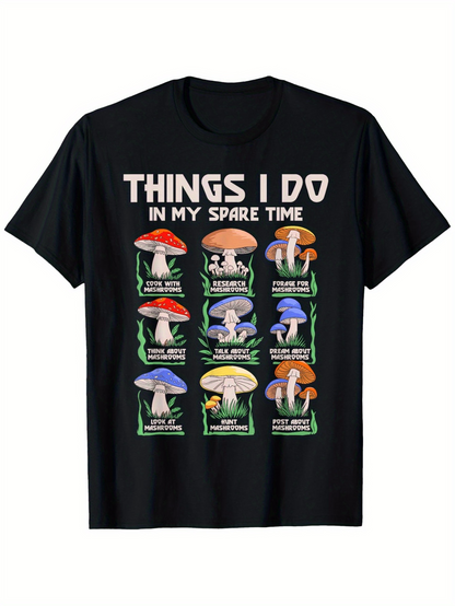 Men's Graphic T-Shirt Things I Do In My Spare Time Colorful Mushrooms With Playful Text Among Grass Mushroom