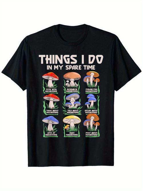 Men's Graphic T-Shirt Things I Do In My Spare Time Colorful Mushrooms With Playful Text Among Grass Mushroom