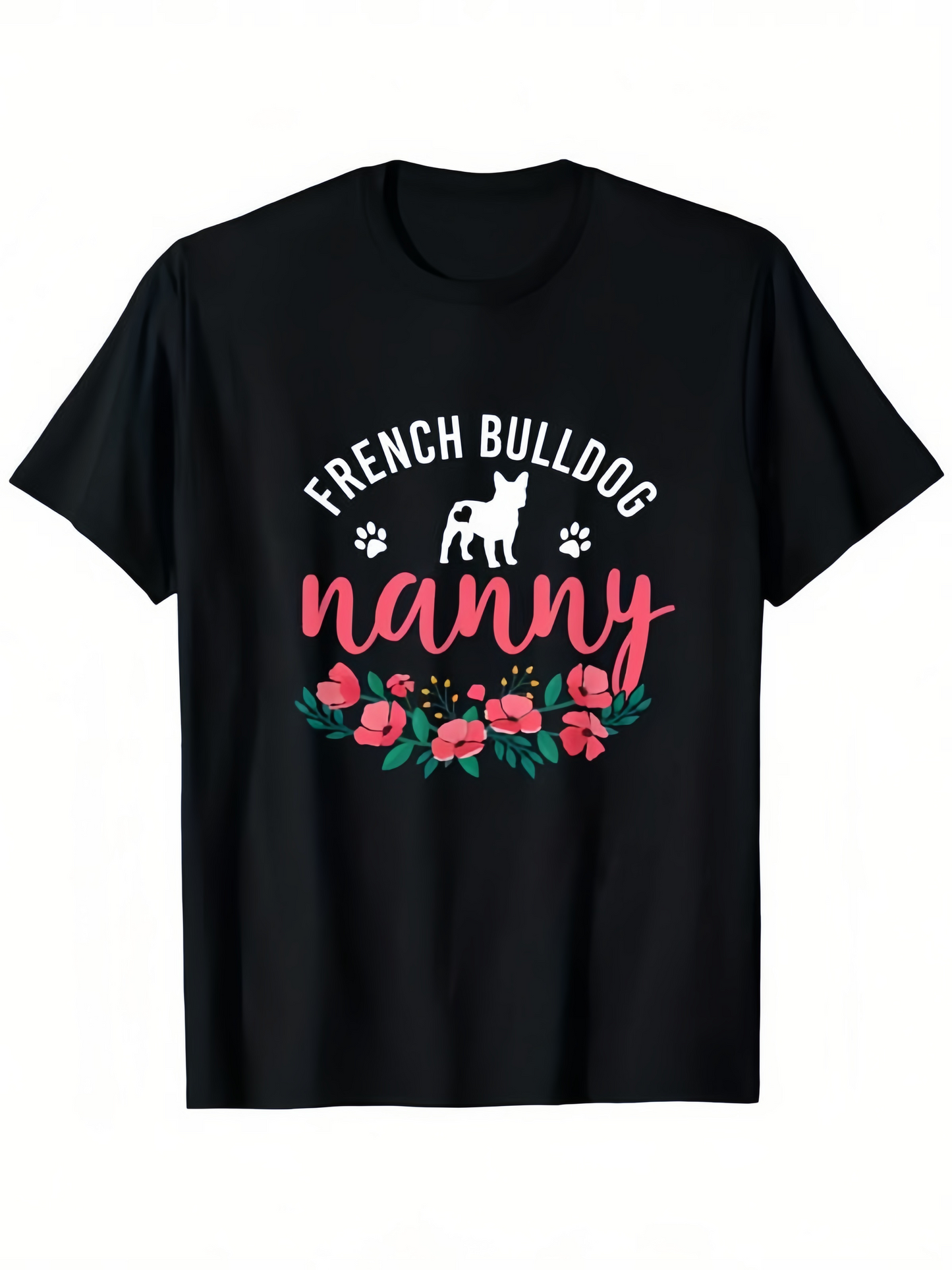 Men's Graphic T-Shirt French Bulldog Nanny Pink Florals With Paw Prints And Dog Silhouette