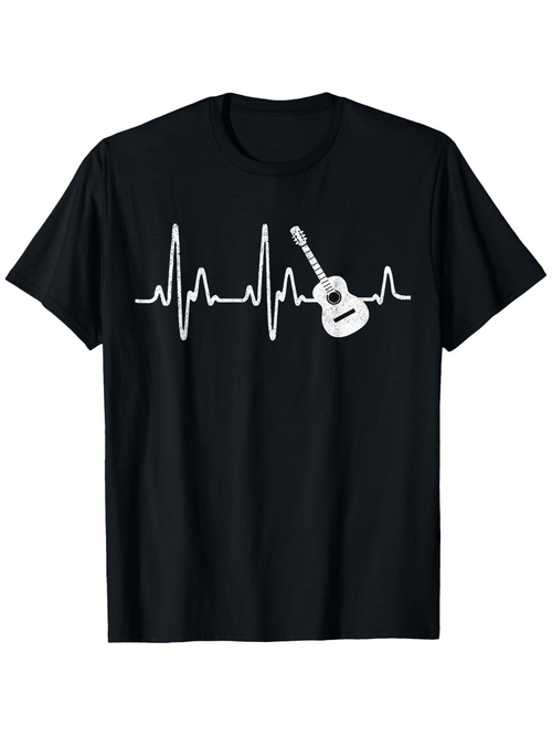 Men's Graphic T-Shirt Heartbeat Line Graphic Featuring An Acoustic Guitar Silhouette