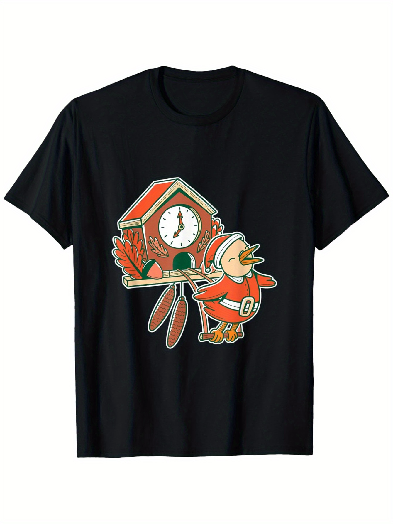 Men's Graphic T-Shirt Vintage Cartoon Bird Singing Proudly Next To Wooden Cuckoo Clock