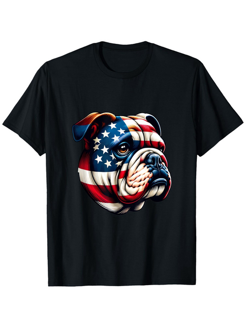 Men's Graphic T-Shirt Patriotic Colors With American Flag Bulldog Portrait