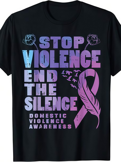 Men's Graphic T-Shirt Stop Violence End The Silence Awareness Ribbon Purple Feather