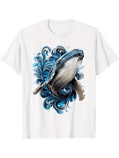 Men's Graphic T-Shirt Majestic Blue Ocean Waves Swirling Around Powerful Swimming Whale