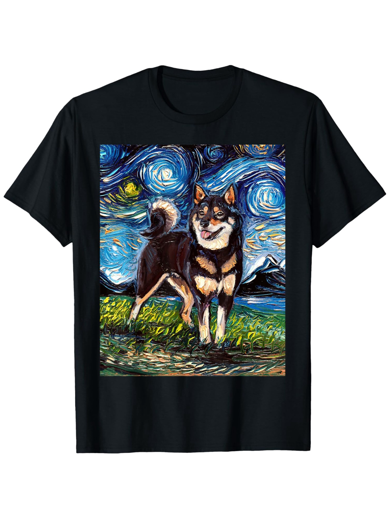Men's Graphic T-Shirt Night Sky With Wispy Swirling Stars Beside Vibrant Grass Standing Dog