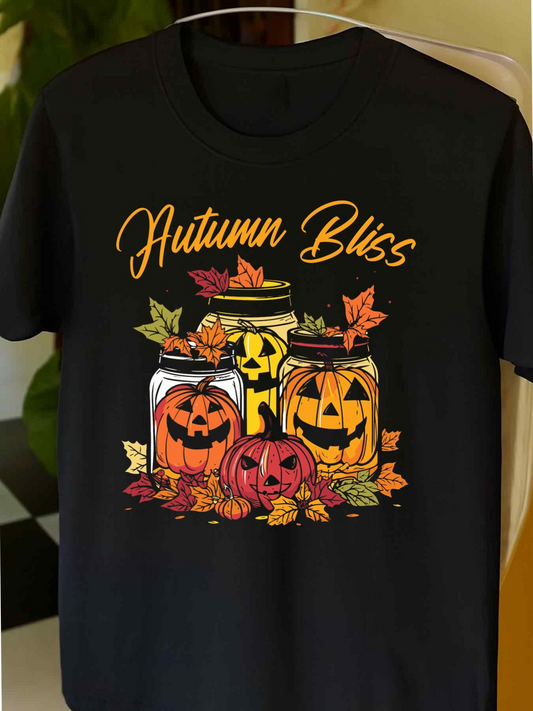 Men's Graphic T-Shirt Autumn Bliss Glowing Pumpkins With Colorful Leaves Around Mason Jars