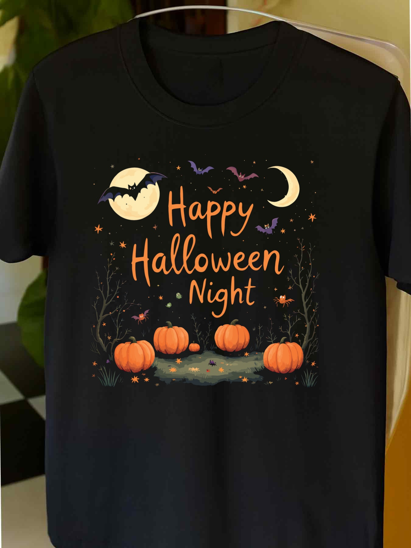 Men's Graphic T-Shirt Happy Halloween Night Pumpkins Under Crescent Moon And Bats In Dark Forest