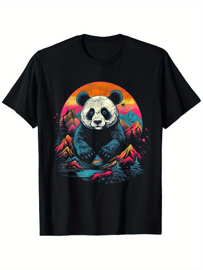 Men's Graphic T-Shirt Sunset Glow With Majestic Mountains Framing Serene Giant Panda