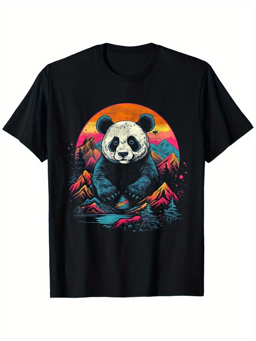 Men's Graphic T-Shirt Sunset Glow With Majestic Mountains Framing Serene Giant Panda
