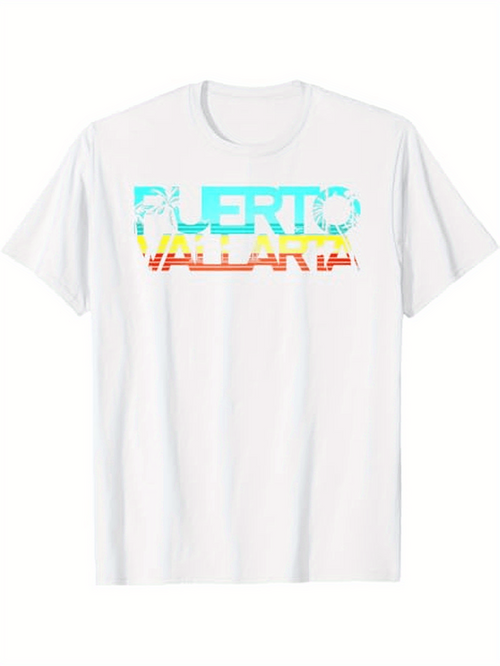 Men's Graphic T-Shirt Puerto Vallarta Vibrant Tropical Colors With Layered Graphic Text