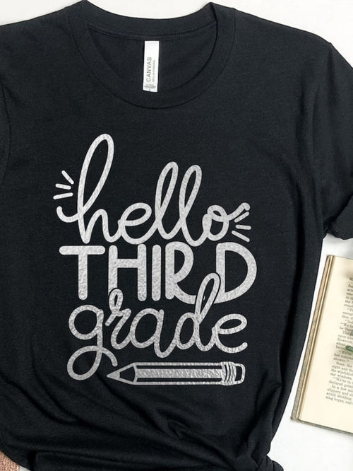 Women's Graphic T-Shirt Hello Third Grade Handwritten Silver Accented Pencil Motif On Black T Shirt