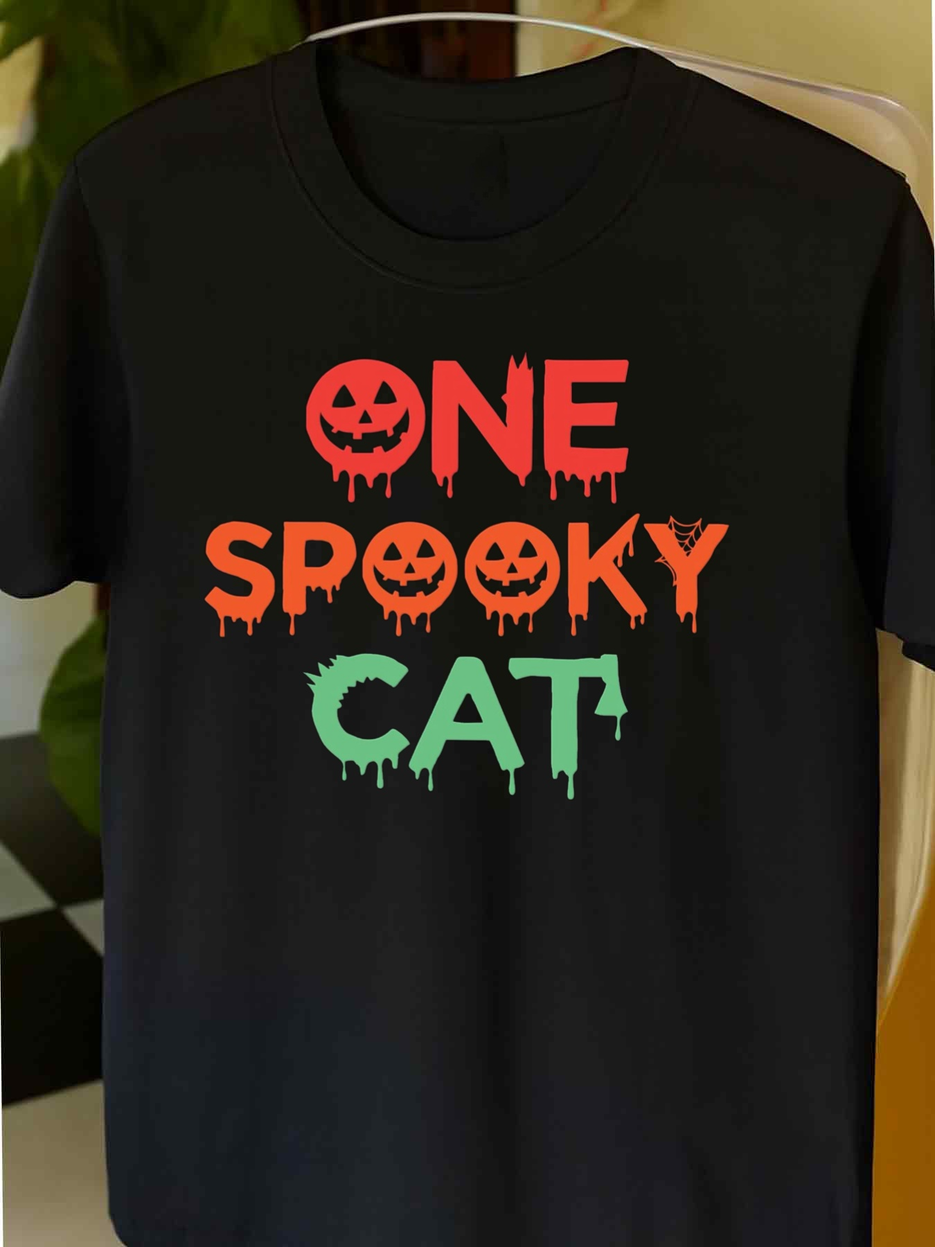 Men's Graphic T-Shirt One Spooky Cat Dripping Halloween Letters With Jack O Lantern Faces Cat