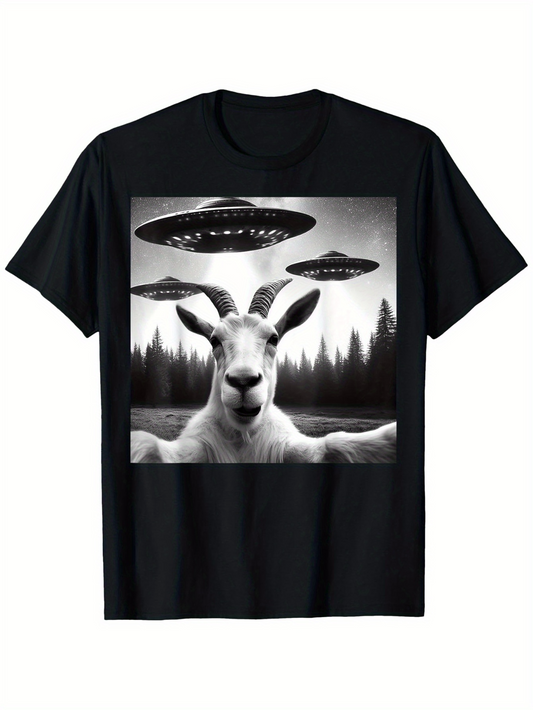 Men's Graphic T-Shirt Mysterious Forest Under Alien Spaceships With Curious Goat