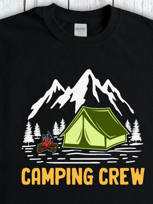 Men's Graphic T-Shirt Camping Crew Warm Campfire Night Forest Under Snowy Mountains Tent