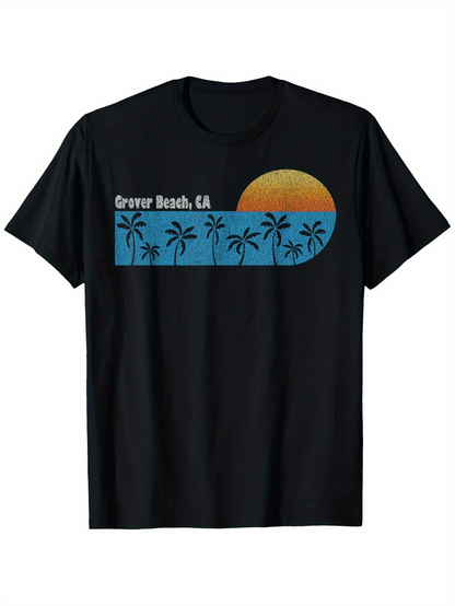 Men's Graphic T-Shirt Grover Beach CA Palm Silhouettes With Setting Sun And Blue Ocean